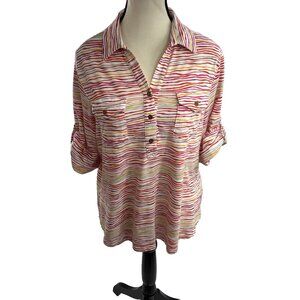 Cathy Daniels Womens XL Top Multicolor Stripe Button Front 3/4 Sleeve Blouse